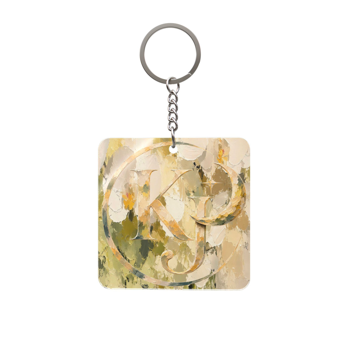 Monogram Floral Square Keychain —
